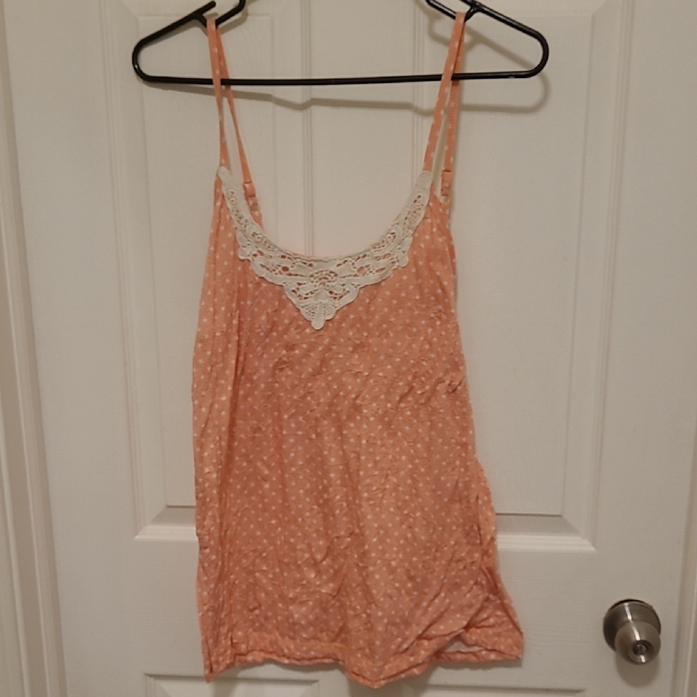 Peach Polka Dot Tank Top with Lace Trim